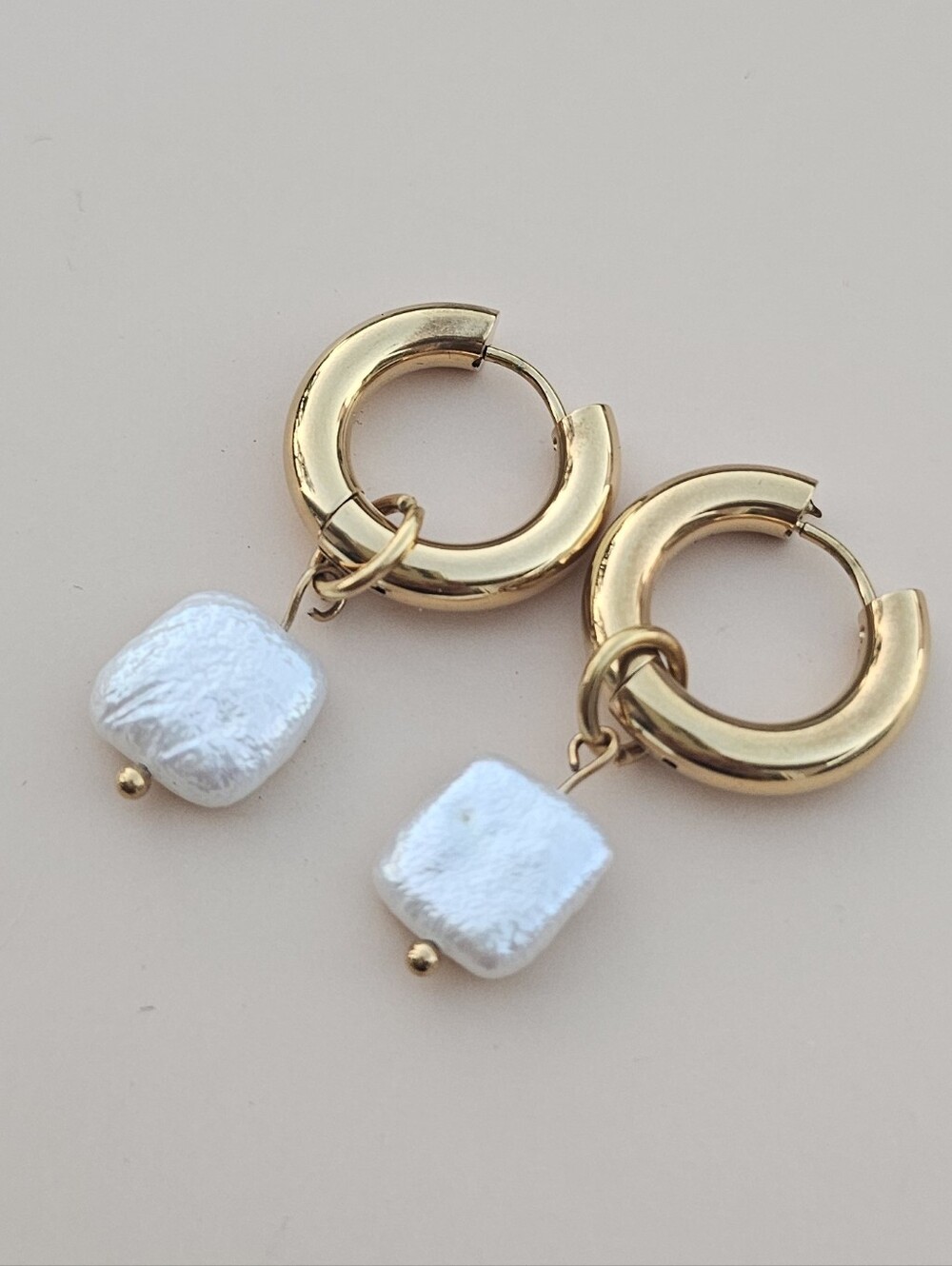 Gold Hoop Earrings with White Square Pearl Drops